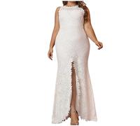 BFSWL Vestido de novia de gran tamaño ajustado con encaje, vestido de novia con abertura larga, blanco, vestido de novia para el registro civil, vestido de novia elegante, princesa, vestido de novia