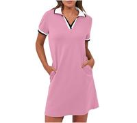 BFSWL Vestido de polo para mujer, manga corta, minivestido con cuello en V, vestido de golf, verano, corto, vestido de tenis, monocolor, solapa, informal, vestido deportivo con bolsillos, vestido de