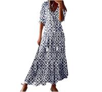 BFSWL Vestido largo de verano para mujer, manga 3/4, cuello de pico, vestido de playa, elegante, vestido largo de verano, vestido largo bohemio, con estampado, vestido ligero para vacaciones, marine