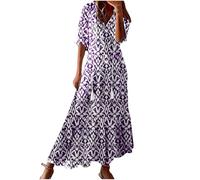 BFSWL Vestido largo de verano para mujer, manga 3/4, cuello de pico, vestido de playa, elegante, vestido largo de verano, vestido largo bohemio, con estampado, vestido ligero para vacaciones, morado