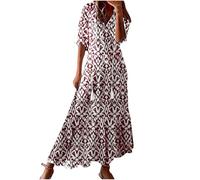 BFSWL Vestido largo de verano para mujer, manga 3/4, cuello de pico, vestido de playa, elegante, vestido largo de verano, vestido largo bohemio, con estampado, vestido ligero para vacaciones, Vino, M