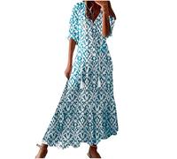 BFSWL Vestido largo de verano para mujer, manga 3/4, cuello de pico, vestido de playa, elegante, vestido largo de verano, vestido largo bohemio, con estampado, vestido ligero para vacaciones, azul