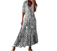 BFSWL Vestido largo de verano para mujer, manga 3/4, cuello de pico, vestido de playa, elegante, vestido largo de verano, vestido largo bohemio, con estampado, vestido ligero para vacaciones, Negro