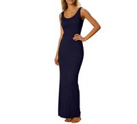 BFSWL Vestido largo sin mangas para mujer, cuello redondo, vestido de noche, ajustado, largo, elegante, ajustado a la figura, club, fiesta, cóctel, vestido envolvente, azul oscuro, XL