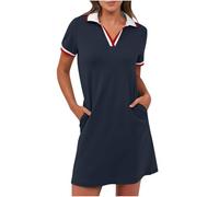 BFSWL Vestido Polo de Manga Corta para Mujer, Deporte y Ocio, Largo hasta la Rodilla, Golf, Tenis, Monocolor con Solapa