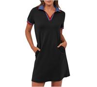BFSWL Vestido Polo de Manga Corta para Mujer, Largo hasta la Rodilla, de Deporte y Golf, Monocolor, Tenis, Tiempo Libre, Solapa