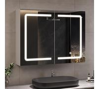 BFYDOAA - Armario de espejo de pared con iluminación, 80 x 60 cm, 2 puertas, espejo y espacio de almacenamiento para cuarto de baño, 3 colores LED, interruptor táctil