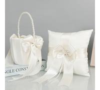 BFYDOAA Juego de Almohada para Portador de Anillos Y Cesta para Niña de Las Flores para Boda, Cojín para Anillo de Boda de Satén Blanco de 7x7 Pulgadas, Cestas para Niña con Mango de Perla(Colocar)