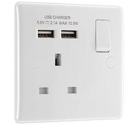 BG Electrical 821u2 Single Switched 13 A Fast Charging Power Socket con dos puertos de carga USB, 2,1 A, 5 V, 10,5 W, borde redondo, blanco