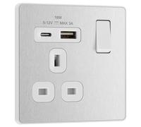 BG Electrical - Enchufe de pared con puertos de carga USB tipo A y tipo C, carga rápida, placa frontal sin tornillos, Evolve, acero cepillado, 13 A, 18 W, PCDBS21UAC18W