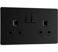 BG Electrical FFB22B - Enchufe de pared con doble interruptor, placa plana, sin tornillos, negro mate, 13 A, FFB22B