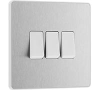 BG Interruptor eléctrico de luz de pared triple, 2 vías, placa frontal sin tornillos, bordes redondos, Evolve, acero cepillado, 20 A, 16 AX, PCDBS43W