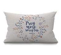 BGBDEIA Funda de cojín con texto "Pray More Worry Less Floral Wreath", con cita de la Biblia, versículo cristiano, estilo fe, rectangular, para sofá, decoración del hogar, 30x50 cm, 12x20 pulgadas