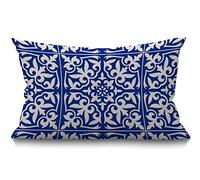 BGBDEIA Funda de cojín de azulejos marroquíes, diseño floral tradicional azul cobalto, cintura lumbar, algodón y lino, funda de almohada para sofá, decoración del hogar, rectangular, 30 x 50 cm, 12 x