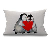 BGBDEIA Funda de cojín de pingüino de 12x20 pulgadas, diseño de pingüinos de animales lindos con corazón rojo, rectangular, funda de almohada de lino y algodón para cama, sofá de 30x50 cm