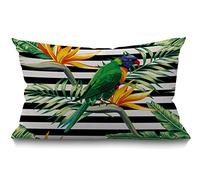 BGBDEIA Funda de cojín rectangular con diseño de loro y pájaro, plantas tropicales exóticas, rayas blancas y negras, para sofá, decoración del hogar, algodón y lino, 12 x 20 pulgadas, 30 x 50 cm