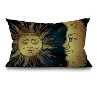 BGBDEIA Fundas decorativas de cojín de lino y algodón con diseño de luna creciente dorada, estrellas y sol sobre cielo azul y negro, para sofá, cama, 30 x 50 cm, 12 x 20 pulgadas