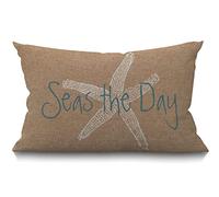 BGBDEIA Seas The Day - Funda de cojín vintage con diseño de estrella de mar y playa, decoración de peces marinos marrones, funda de almohada para sofá, sofá, algodón y lino, 30 x 50 cm, 30 x 50 cm