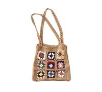 BGHYJKOL Bolso De Ganchillo Handmade Crochet Weaving Bag Summer Retro Grid Shoulder Mixed Color Flower Block Handbag Leisure Top-Handle(Khaki)