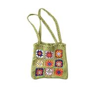 BGHYJKOL Bolso De Ganchillo Handmade Crochet Weaving Bag Summer Retro Grid Shoulder Mixed Color Flower Block Handbag Leisure Top-Handle(Green)
