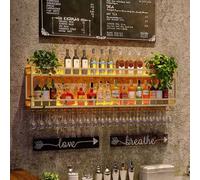 BGKASYHI Estante para vinos de Pared de 2 Niveles, de Metal Vintage, para Botellas de Vino, Copas, Estante Colgante, Barra con luz LED, estantes flotantes para exhibición de Vino, Estante d