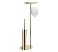 BGL Juego de escobillas de baño de pie con soporte para papel higiénico 3 en 1 con estante, diseño moderno y de acero inoxidable dorado