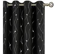 BGment Cortinas Opacas para Dormitorio, 2 Paneles con patrón de líneas onduladas Plateadas y Puntos, Cortinas con Ojales para oscurecer la habitación, Color Negro, 116 x 137 cm