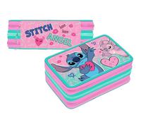 bgn Estuche Stitch con 3 compartimentos con cremallera y cremalleras de colores Giotto, estuche escolar triple 3 compartimentos Lilo y Stitch niña rosa completo, 44 piezas, accesorios escolares