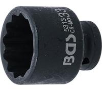 BGS 5313 | Llaves de vaso impacto 12 caras | entrada 12,5 mm (1/2") | 33 mm | Accionamiento cuadrado interior 12,5 mm (1/2") | Longitud 48 mm | Acero cromo-molibdeno | Soporte para pasador de bloqueo y
