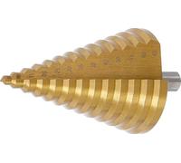 BGS 74433 | Broca escalonada | nitruración de titanio | Ø 6-65 mm | Acero HSS (4241), vástago de tres superficies de 13 mm de diámetro, para chapa, tubos, perfiles de hasta 5 mm