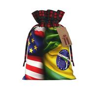 Bgshjvf Bolsa de regalo de lino con cordón de Navidad con estampado de banderas estadounidenses y brasileñas, bolsas de regalo de varios tamaños para regalar y decorar