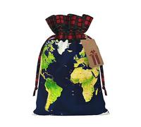 Bgshjvf Bolsa de regalo de lino con cordón de Navidad con estampado de mapa del mundo, bolsas de regalo de varios tamaños para regalar y decorar