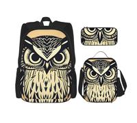 BGSHJVF Bonito juego de mochila de viaje con estampado de búhos, tela Oxford 600D elegante, bolsa de almuerzo con aislamiento y bolsa de maquillaje, negro, talla única, Negro, Rozmiar uniwersalny