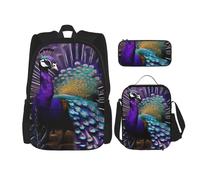 BGSHJVF Mochila de viaje con estampado de pavo real púrpura, tela Oxford 600D elegante, bolsa nevera y bolsa de maquillaje, negra, talla única, negra, cola única, Negro, Rozmiar uniwersalny