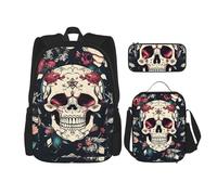 BGSHJVF Mochila de viaje con estampado floral de calavera, bolsa de almuerzo y maquillaje de tela Oxford 600D, negra, talla única, negra, única, Negro, Rozmiar uniwersalny