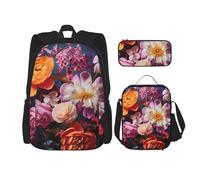 BGSHJVF Paquete de mochilas de viaje con flores bonitas, tela Oxford 600D con estilo, bolsa de almuerzo con aislamiento y bolsa de maquillaje, negro, talla única, Negro, Rozmiar uniwersalny