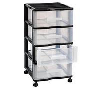 BGSPAZIO- Cajonera de plástico con Ruedas, Azul, Blanco, Negro (4 cajones, Negro)