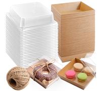 Bgtecho Paquete de 100 cajas de papel para embutidos con tapas transparentes, cajas cuadradas desechables de 4.7 pulgadas, cajas de postre pequeñas para llevar, recipientes de alimentos con cordel