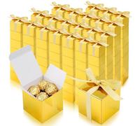 Bgtecho Paquete de 100 cajas de regalo doradas, cajas de dulces de 2 x 2 x 2 pulgadas, cajas de regalo pequeñas con cintas y etiquetas en blanco, caja de regalo de fiesta de papel para bodas