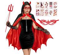 BGTLJKD Disfraz Diablo Mujer, Capa Vampiro Halloween, Reversible Negro Rojo Capa con Capucha con Tenedor del Diablo, Parche de Encaje en el Ojo, Para Fiestas de Halloween y Carnaval Cosplay
