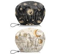 BHAHB 2 gorros de ducha impermeables, de doble capa, elásticos, ajustables, reutilizables, para niñas y mujeres, bonitos gorros de baño estéticos, luna y estrella