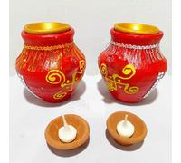 Bhakti2Shakti - Making Worship Special - Diseñador hecho a mano Karwa con diya y ghee batti (2 karwa set) | Fancy karva kalash |karwa chauth | mitti ka karwa