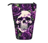 BHHJKK Estuche telescópico para lápices con diseño de calavera de rosas moradas, estuche organizador con cremallera, Black, Talla única, Estuches