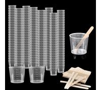 Bhina 100 Piezas 30 ml Plástico Graduadas Vaso Medidor Jarra Medidora Plastico Transparente Tazas de Medición con 100 Piezas Palos de Madera para Mezclar Pintura Epoxi Resina Laboratorio Cocina