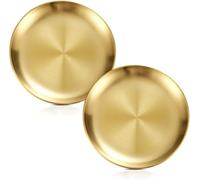 Bhina 2 Unidades Gold Platos Redondos de Acero Inoxidable para Camping, Bajos Platos de Metal, Plato Redondos de Diferentes Tamaños Servir Plato Duraderos para Picnic Cocina Fiestas (34cm)