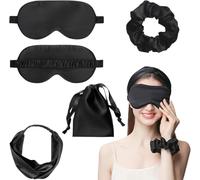 Bhina 4 Piezas Mascara de Dormir Satén Antifaz para Dormir Transpirable Bloquea las Luces con Anillo de Pelo Venda y Bolsa para Hombres Mujeres Viajes Oficina, Dormir, Siesta, Vuelo, Negro