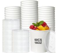 Bhina 50 Piezas Vasos de Papel para Sopa con Tapa, 460ml Vasos de Papel para Helado, Contenedores de Sopa de Paper, Taza Compostable Cuenco Cartón Kraft para Frutas Postre Aperitivos (Tapa PP)