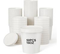 Bhina 50 Piezas Vasos de Papel para Sopa con Tapa, 460ml Vasos de Papel para Helado, Contenedores de Sopa de Paper, Taza Compostable Cuenco Cartón Kraft para Frutas Postre Aperitivos (Tapa Blanca)