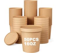 Bhina 50 Piezas Vasos de Papel para Sopa con Tapa, 460ml Vasos de Papel para Helado, Contenedores de Sopa de Paper, Taza Compostable Cuenco Cartón Kraft para Frutas Postre Aperitivos (Tapa Marrón)