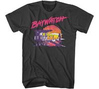 BI BI MIAO Baywatch Lifeguard Tower Silhouette Neon Vintage Sunset La Beach Unisex 100% Cotton Short-Sleeve T-Shirts Black XL